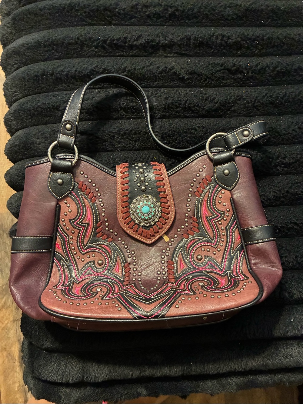 Montana West Embroidered Burgundy Leather Shoulder Bag with Turquoise Accent